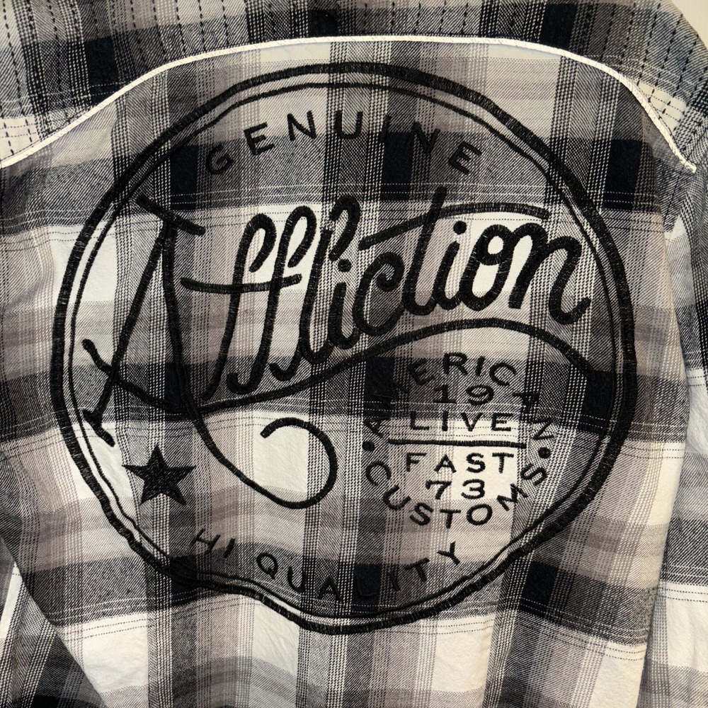 Affliction Grey/Black Plaid Genuine Hi Quality Embroidered 100% Cotton Y2K Top L